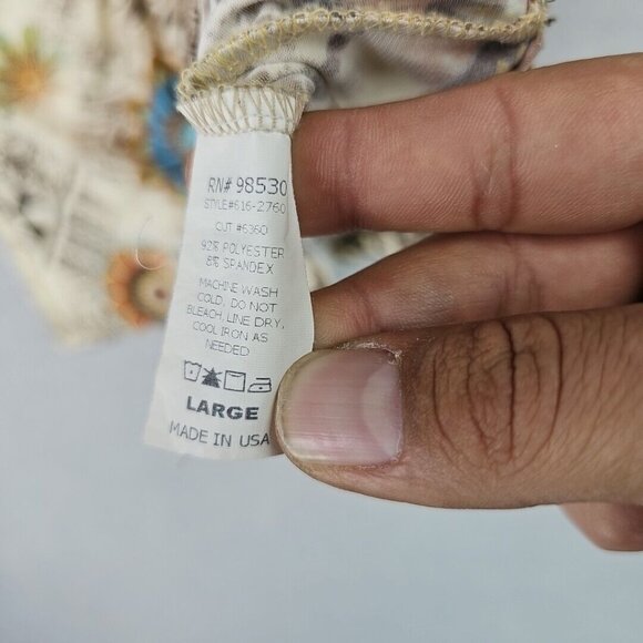 Y2K Top Womens L Cream Bohemian Floral O-Ring V-Neck Jersey Knit Made In USA - Picture 7 of 8